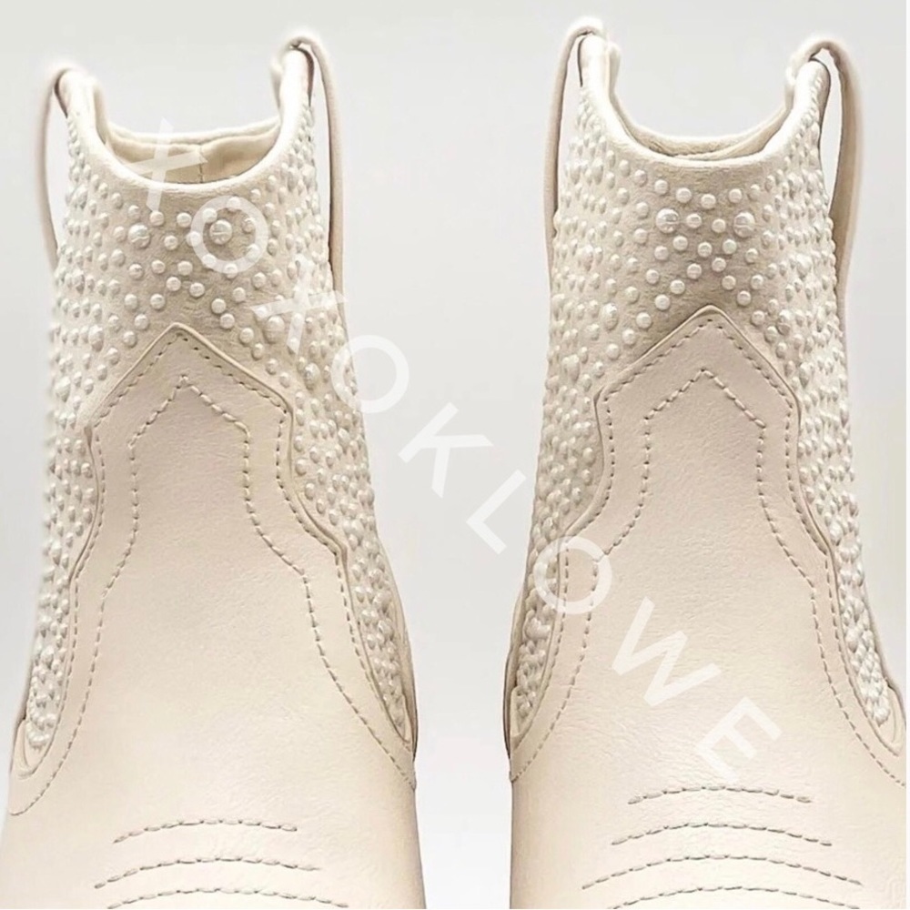 Qupid Cream Pearl Cowboy Boots | Western Glam Ankle Boot | Faux Leather - Picture 5 of 14